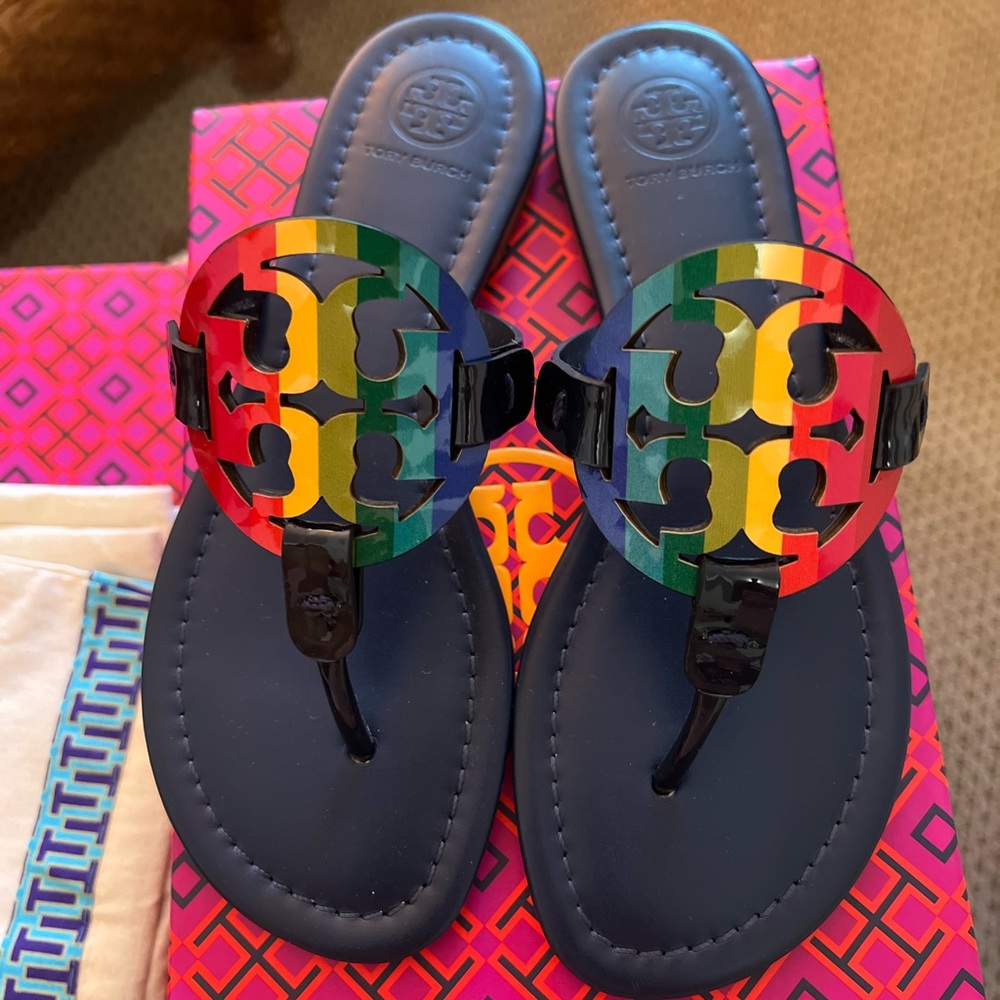 Tory Burch Miller sandals size 6 1/2 Bright Rainbow Royal Navy 🌈